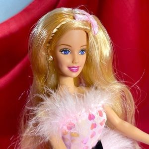BARBIE doll pink dress with fur flexible arms legs blonde blue eyes pantyhose